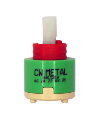Lime green cartridge body with red limit stop white square handle connection tan bottom and black rubber seal with cw metal printed on it.