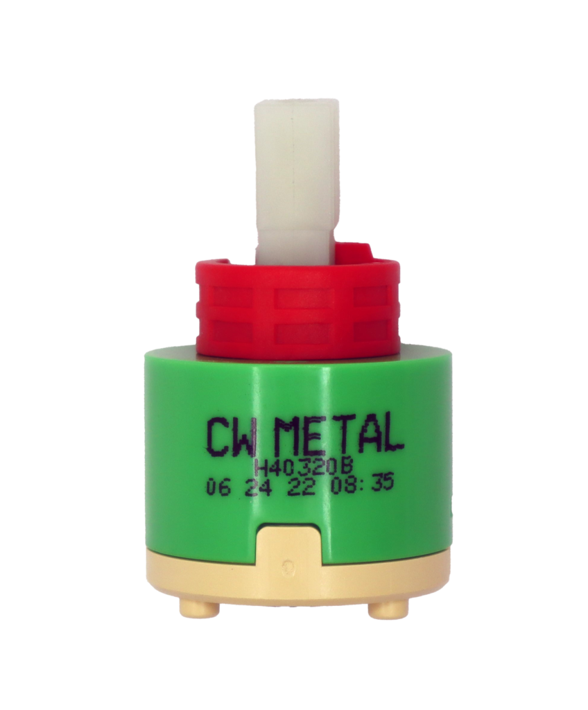 Lime green cartridge body with red limit stop white square handle connection tan bottom and black rubber seal with cw metal printed on it.