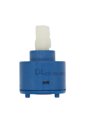 Blue plastic cartridge with white plastic handle connection with red rubber seal.