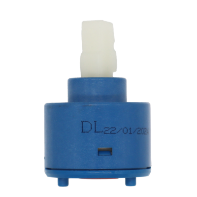 Blue plastic cartridge with white plastic handle connection with red rubber seal.