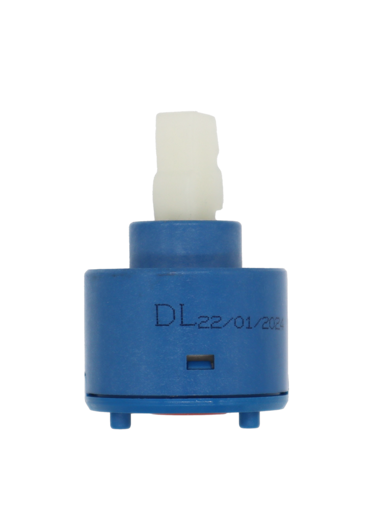 Blue plastic cartridge with white plastic handle connection with red rubber seal.