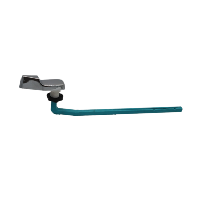 Blue plastic trip lever with black plastic nut white plastic base and polished chrome lever handle.