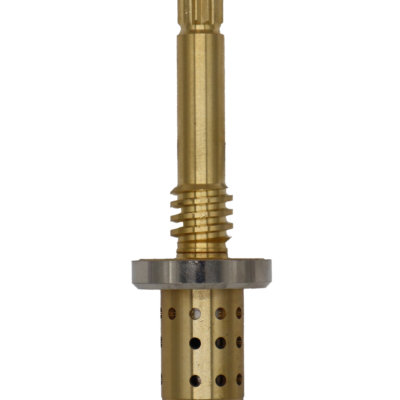 Bright brass cartridge with polished chrome bonnet and black rubber washer on the bottom.