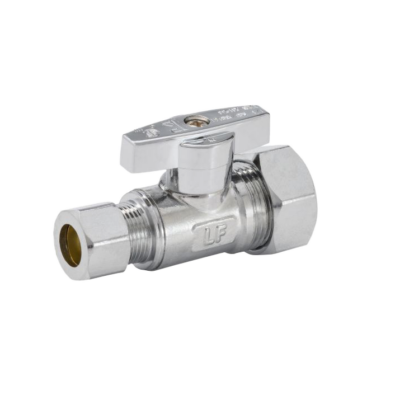 Polished chrome stop with lever handle and brass compression nuts.