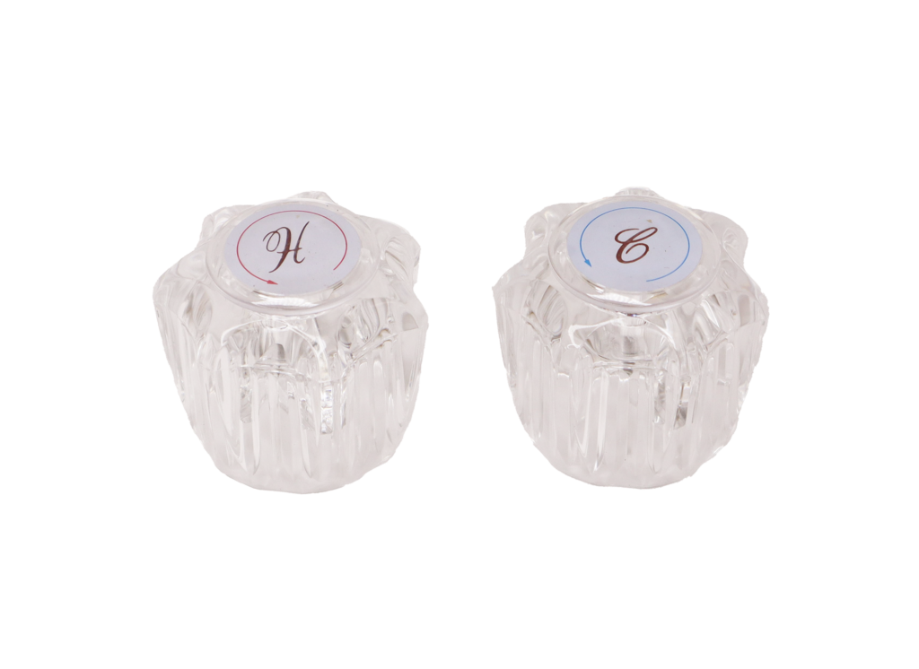Clear round acrylic handles with h and c hot and cold index buttons with stainless screws.
