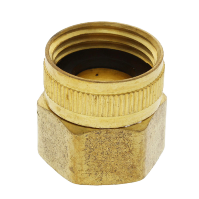 Bright brass hose fitting iwth female threads and black rubber washer.