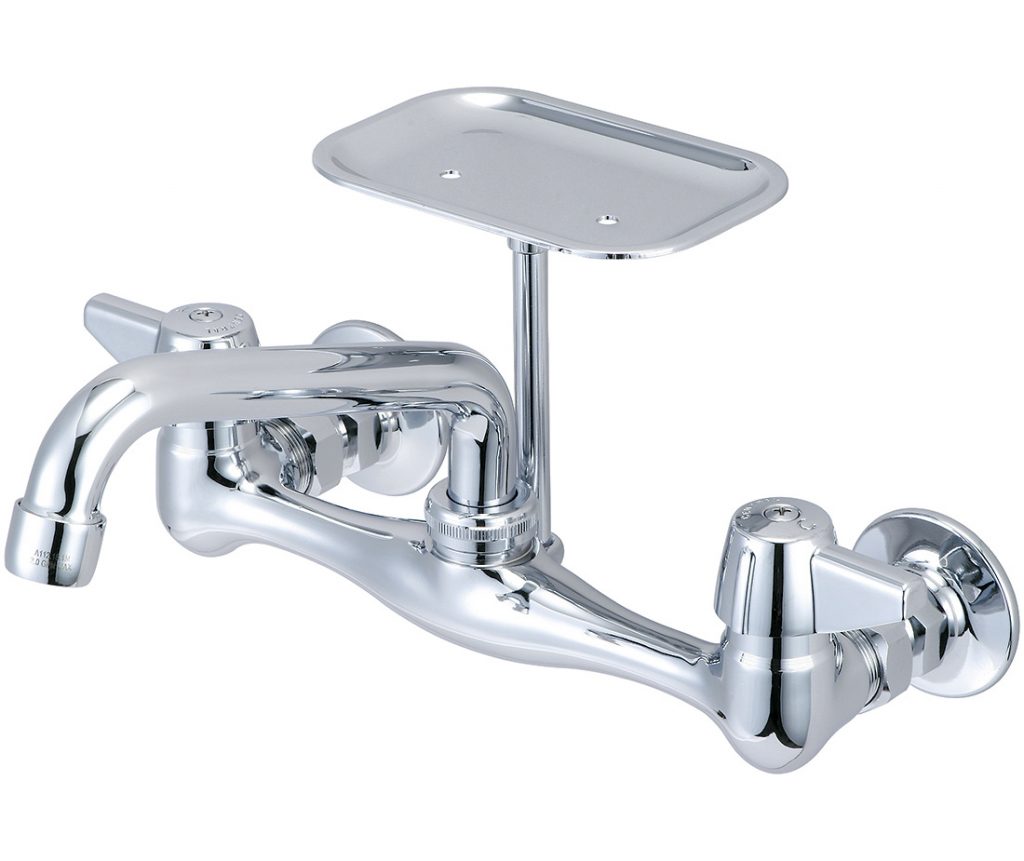 Polished chrome wallmount faucet with lever handles and elevated polished chrome soap dish.