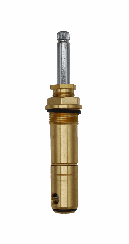Polished chrome stem with bright brass body and barrel with black o-ring and washer.