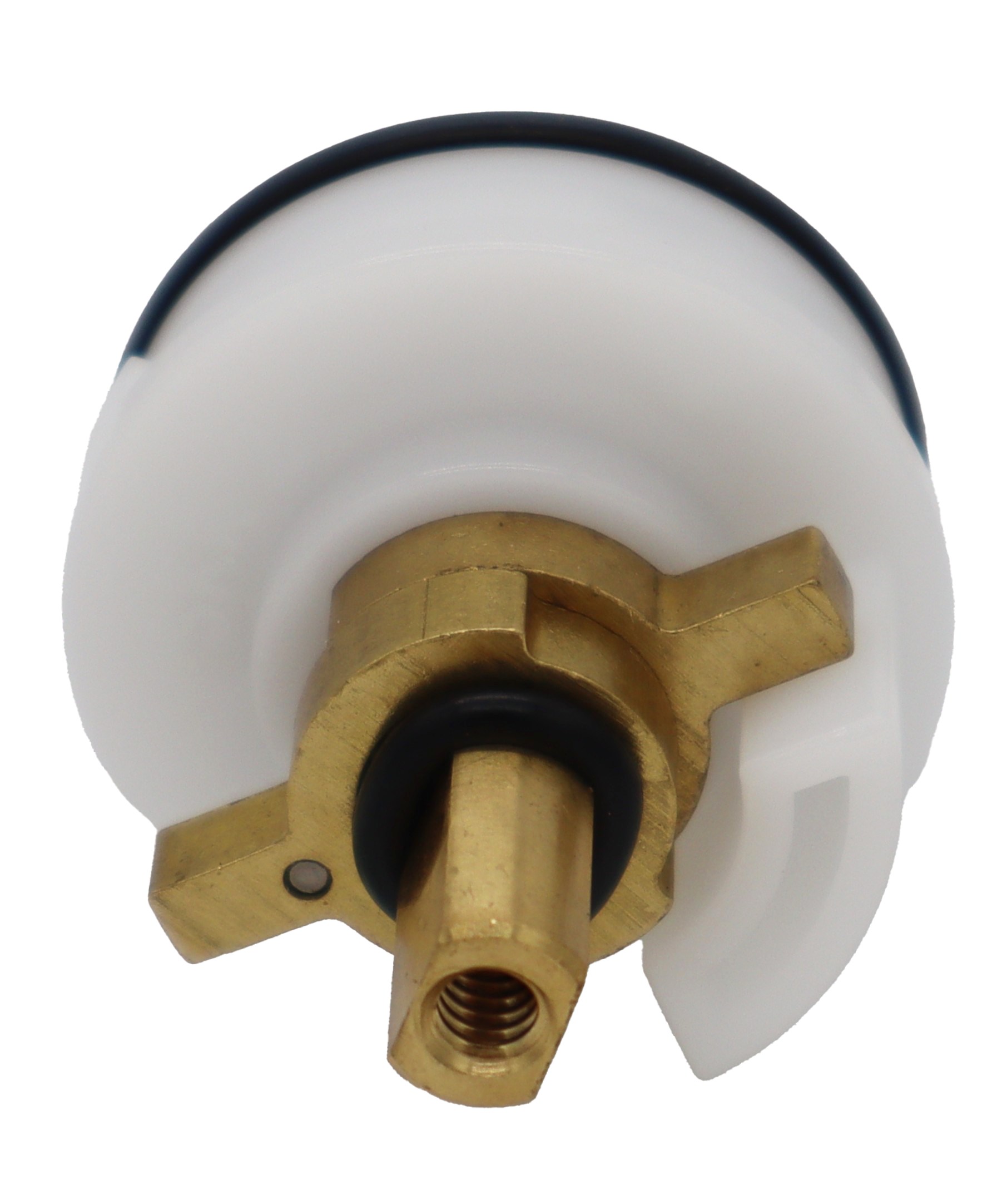 White plastic cartridge with bright brass handle connection with black o-ring.