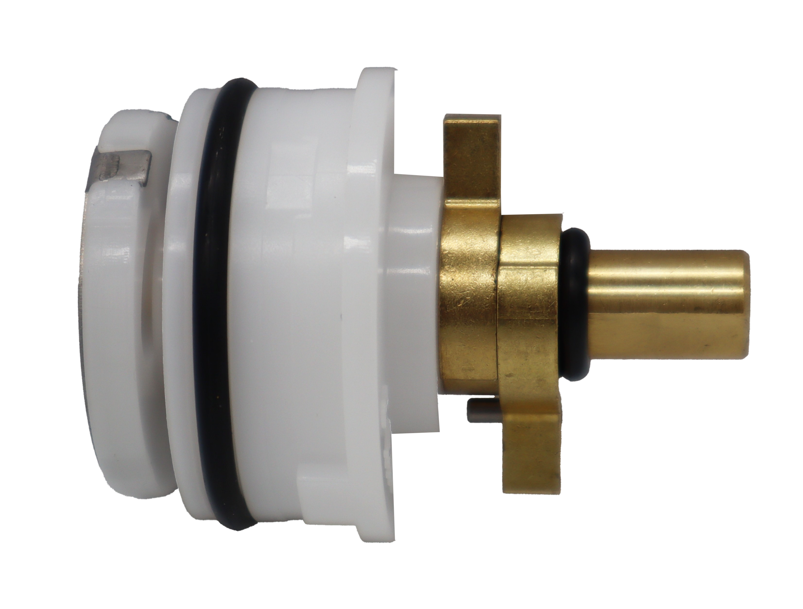 White plastic cartridge with bright brass handle connection with black o-ring and stainless slotted bottom.