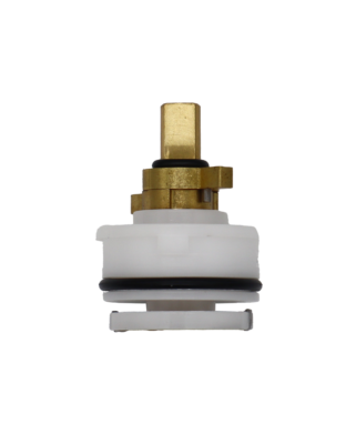 White plastic cartridge with bright brass handle connection with black o-ring and stainless slotted bottom.