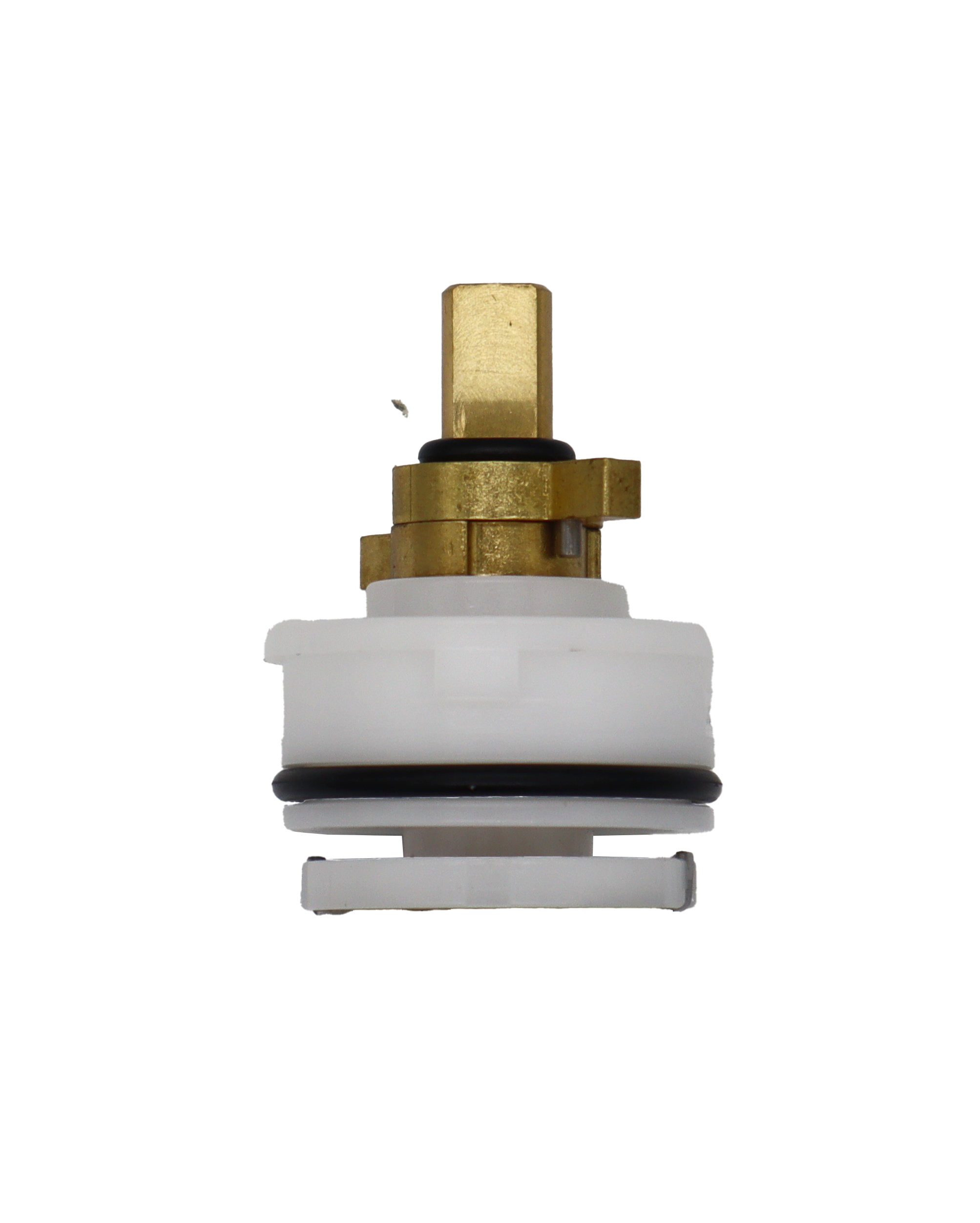 White plastic cartridge with bright brass handle connection with black o-ring and stainless slotted bottom.