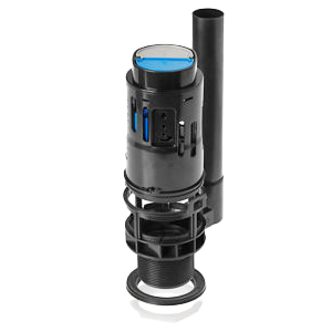 Black plastic flush valve with blue and grey buttons white plastic nut and black rubber washer.