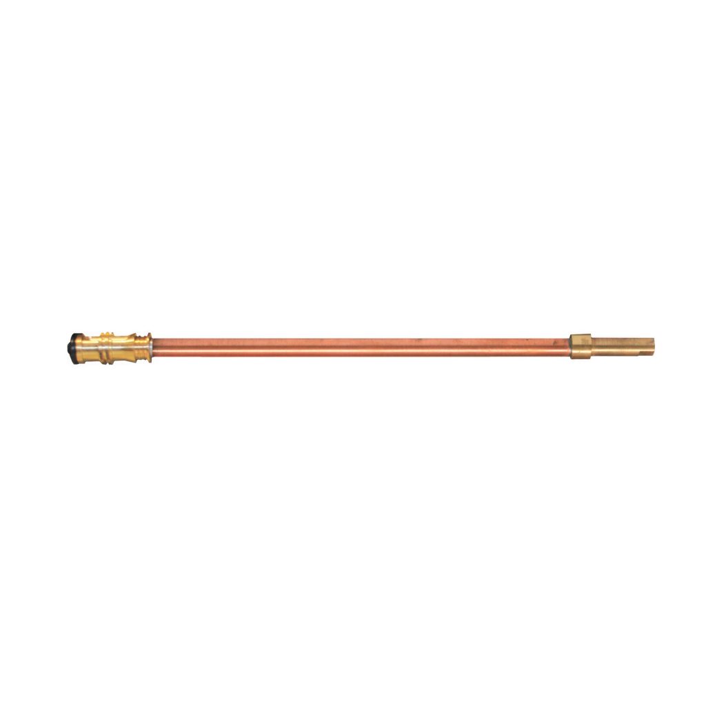 Copper stem with brass threaded end with black rubber washer and brass screw.