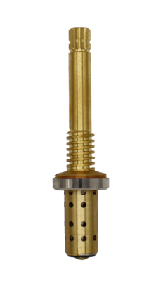 Bright brass and polished chrome spindle with black rubber washer and brass screw.