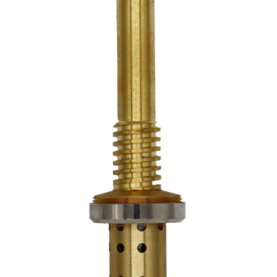 Bright brass and polished chrome spindle with black rubber washer and brass screw.