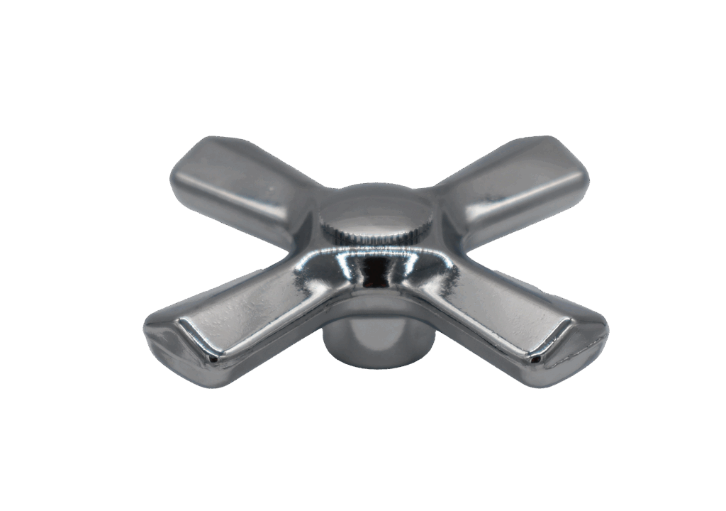 Polished chrome 4 arm cross handle with index button and stainless screw.