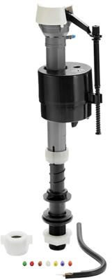Grey and black plastic fill valve with white cap and black fill hose.