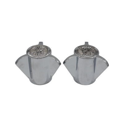Polished chrome metal handles with clear acrylic buttons and metal screws.