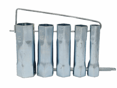 Polished die cast metal sockets with dual sized ends metal tool and metal carrying clip.