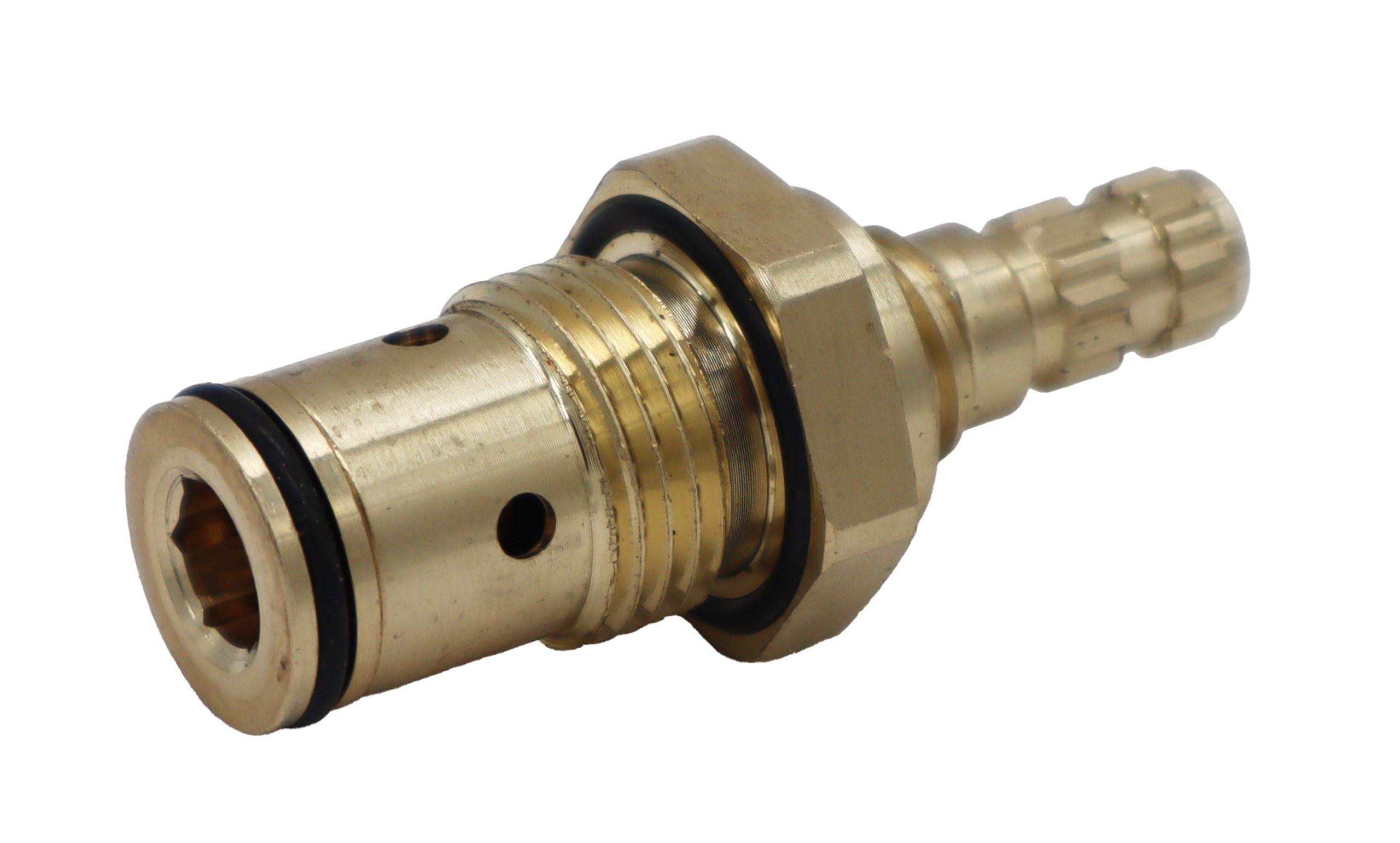 Bright brass cartridge with black rubber o-rings.