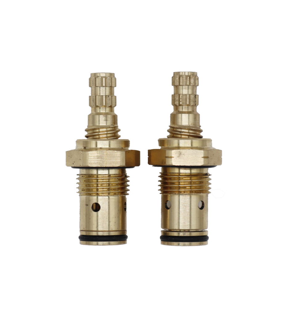 Bright brass hot and cold cartridges with black rubber o-rings.