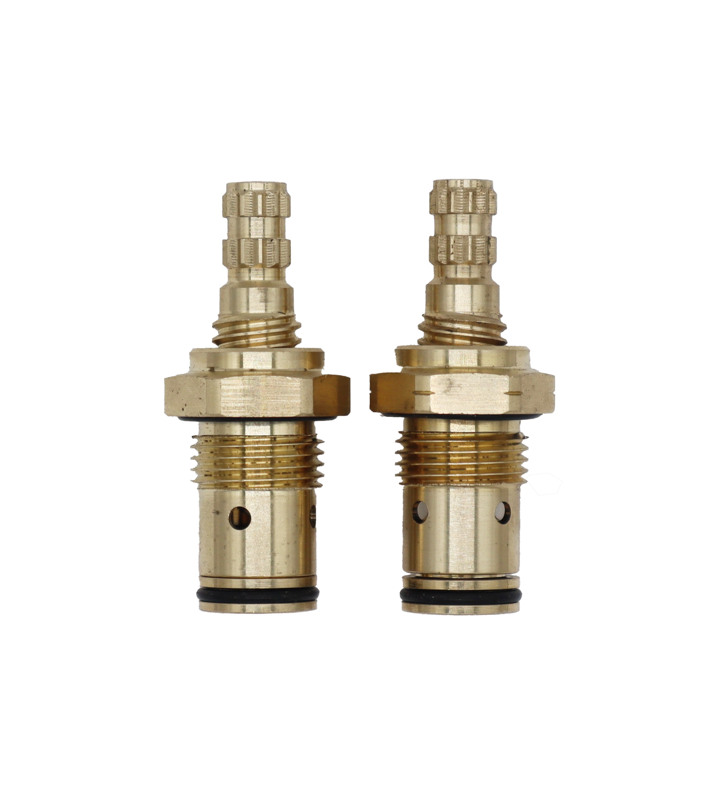 Bright brass hot and cold cartridges with black rubber o-rings.
