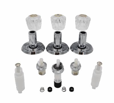 Clear acrylic handles with gold index buttons, polished chrome escutcheons tubes and nuts, platic cartridges and handle extensions with stainless screws.