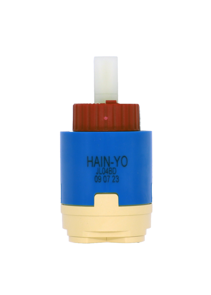 Bright blue plastic cartridge with red limit stop and square handle connection black bottom seal.