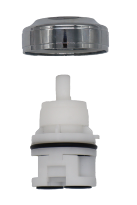 White plastic cartridge with black rubber o-rings and seals with polished chrome nut.