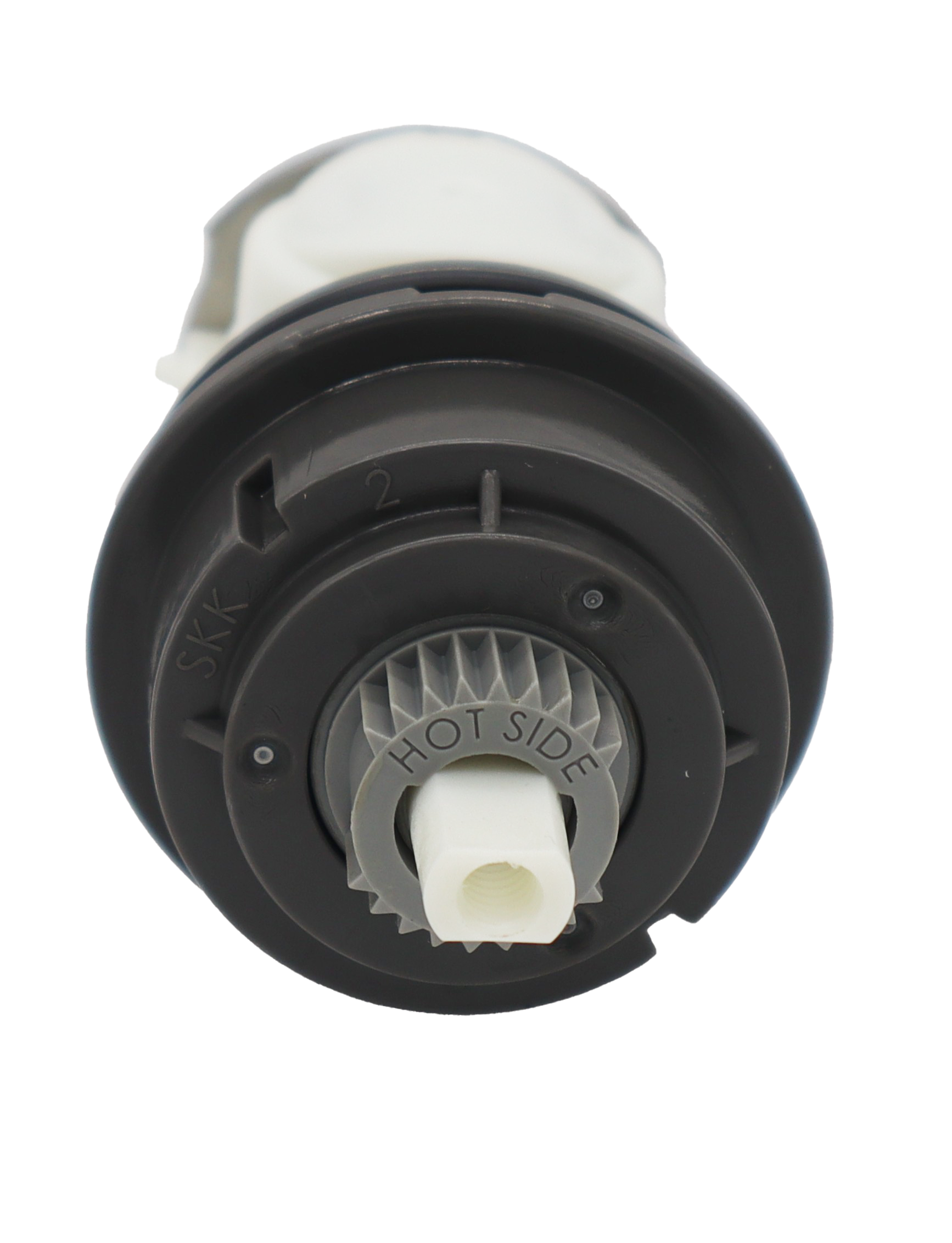 White and grey plastic cartridge with black rubber o-ring and stainless bottom.