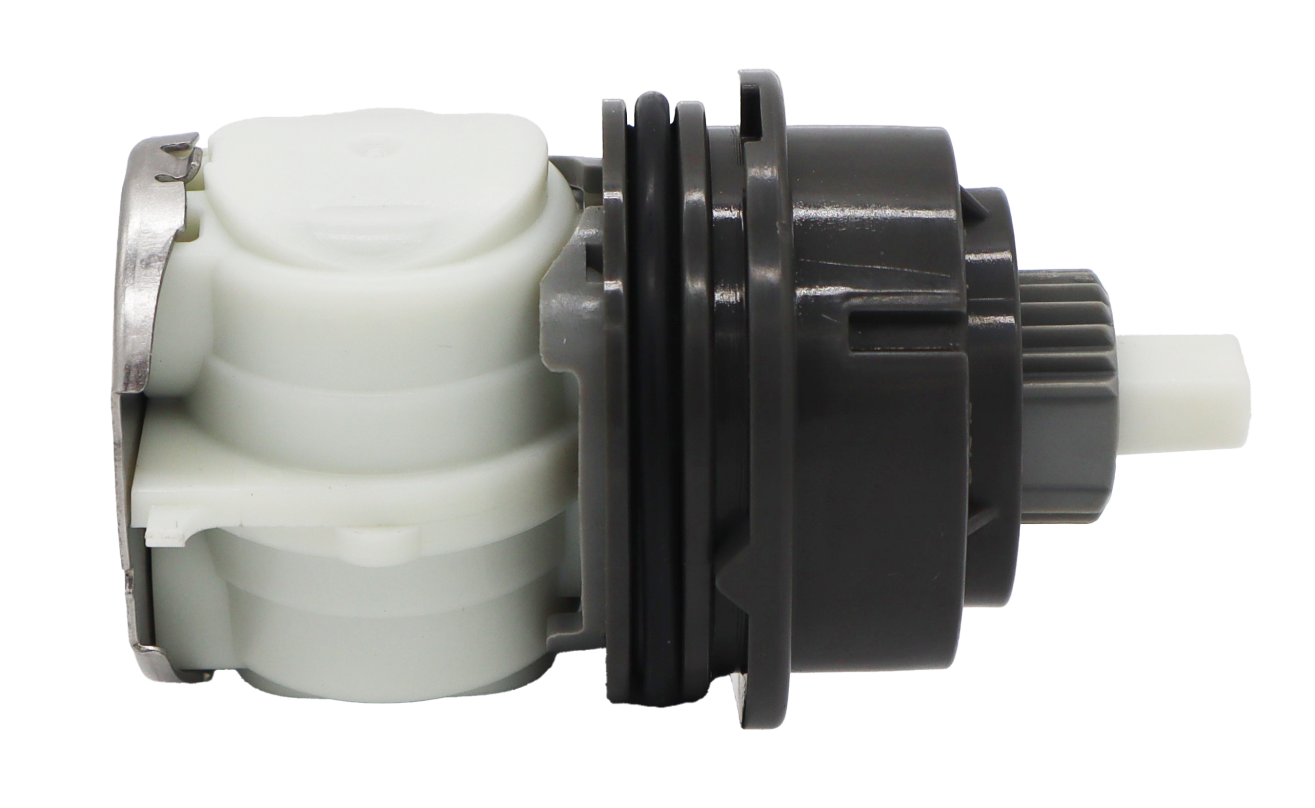 White and grey plastic cartridge with black rubber o-ring and stainless bottom.