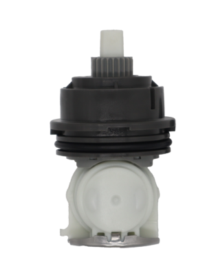 White and grey plastic cartridge with black rubber o-ring and stainless bottom.