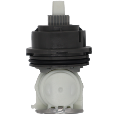 White and grey plastic cartridge with black rubber o-ring and stainless bottom.