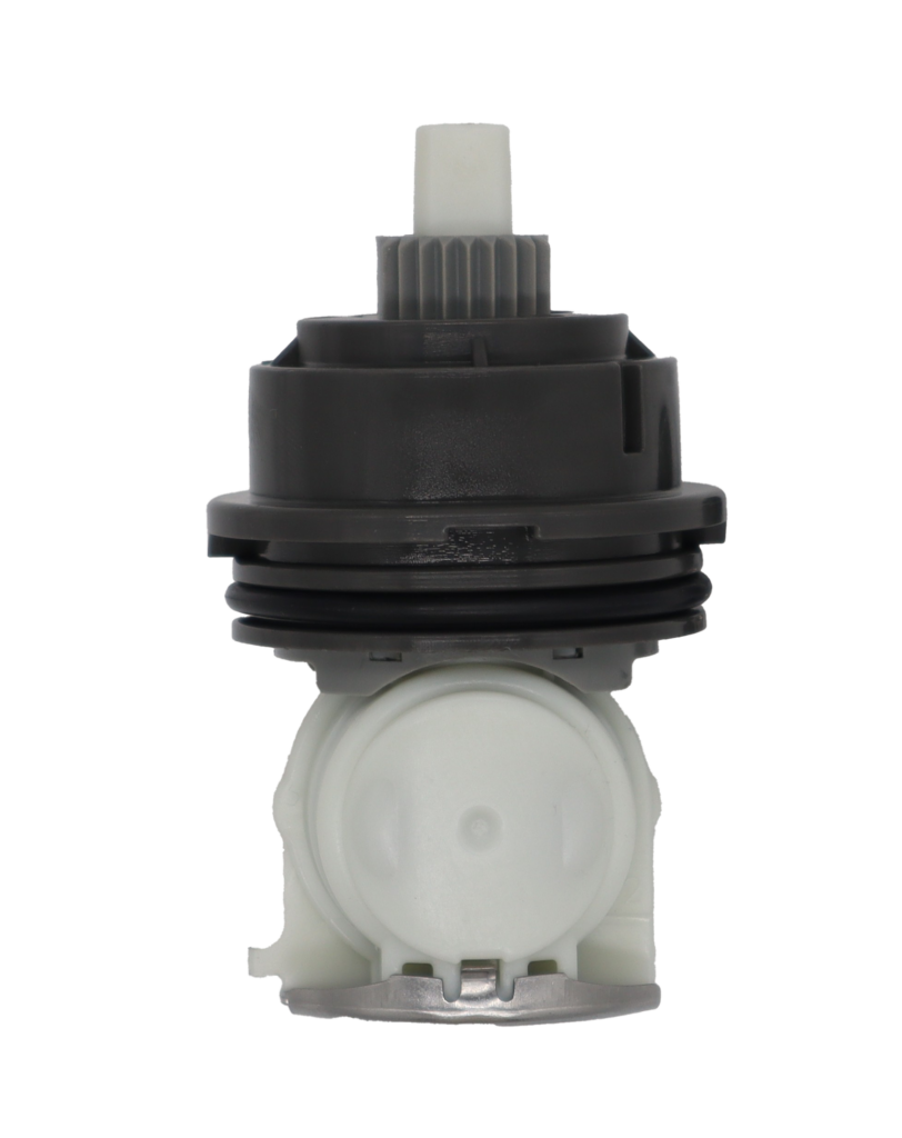 White and grey plastic cartridge with black rubber o-ring and stainless bottom.