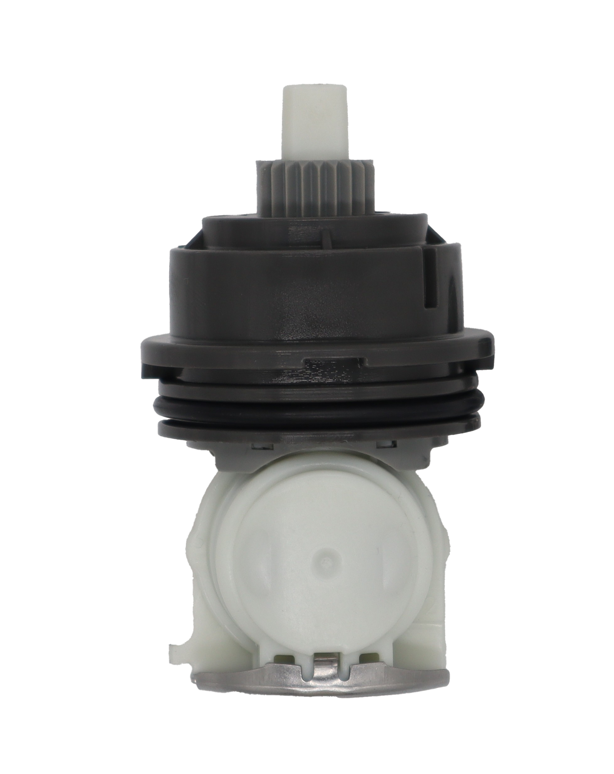 White and grey plastic cartridge with black rubber o-ring and stainless bottom.