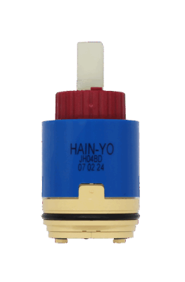 Bright blue plastic cartridge with red limit stop white square handle connection tan bottom with black o-ring and blue seal.