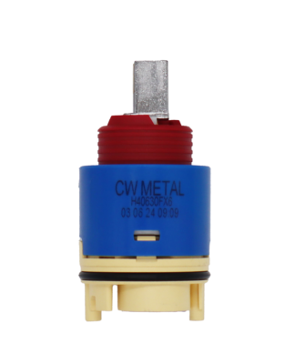 Bright blue plastic cartridge with red limit stop with square metal handle connection with black rubber o-ring and rubber bottom seal.