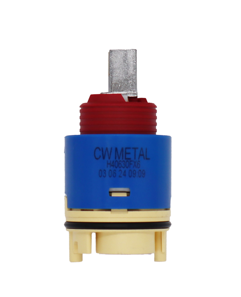 Bright blue plastic cartridge with red limit stop with square metal handle connection with black rubber o-ring and rubber bottom seal.