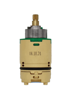 Tan plastic cartridge body with green top and stainless limit stop. Brass stem with black o-ring and blue bottom seal.