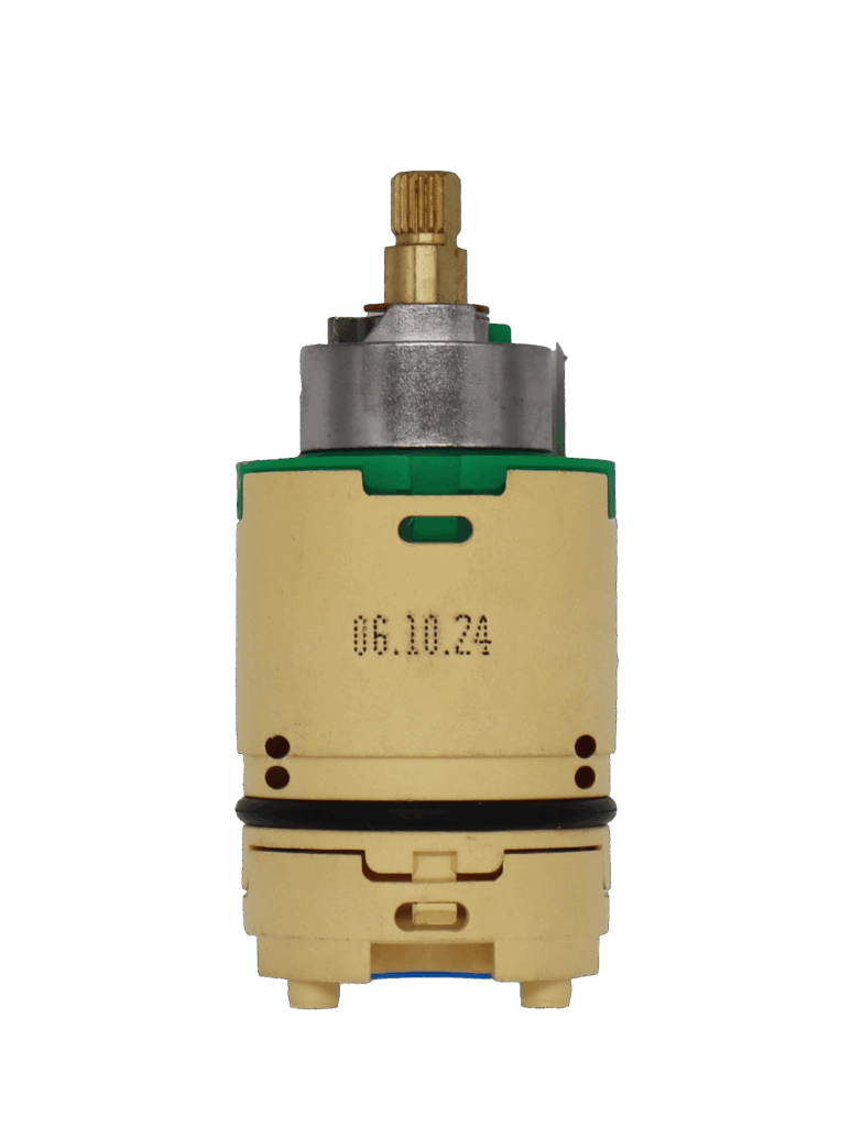 Tan plastic cartridge body with green top and stainless limit stop. Brass stem with black o-ring and blue bottom seal.