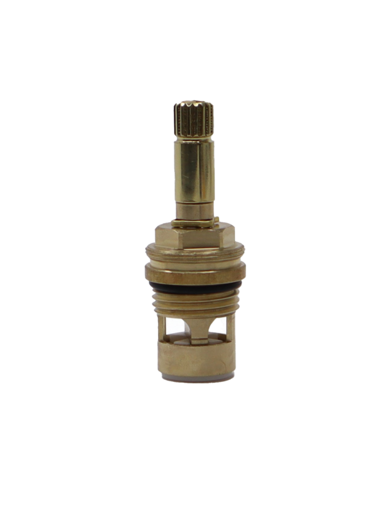 Bright brass cartridge with black rubber o-ring white ceramic discs and rubber seal.