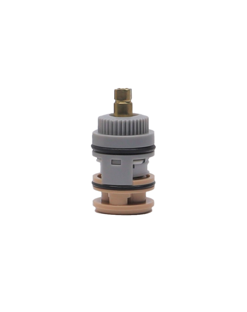 Grey and tan plastic cartridge with brass stem and black rubber o-rings and seals.