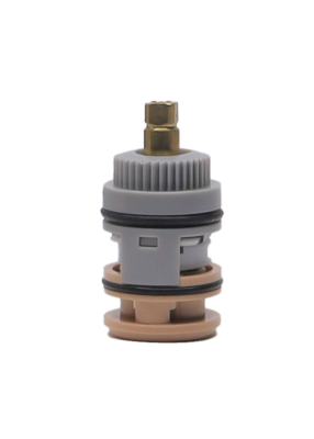 Grey and tan plastic cartridge with brass stem and black rubber o-rings and seals.