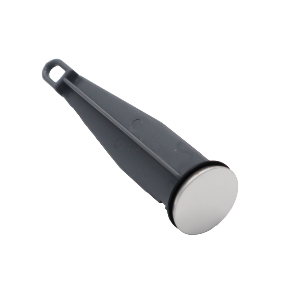 Chrome plated top with black rubber seal and grey plastic bottom.
