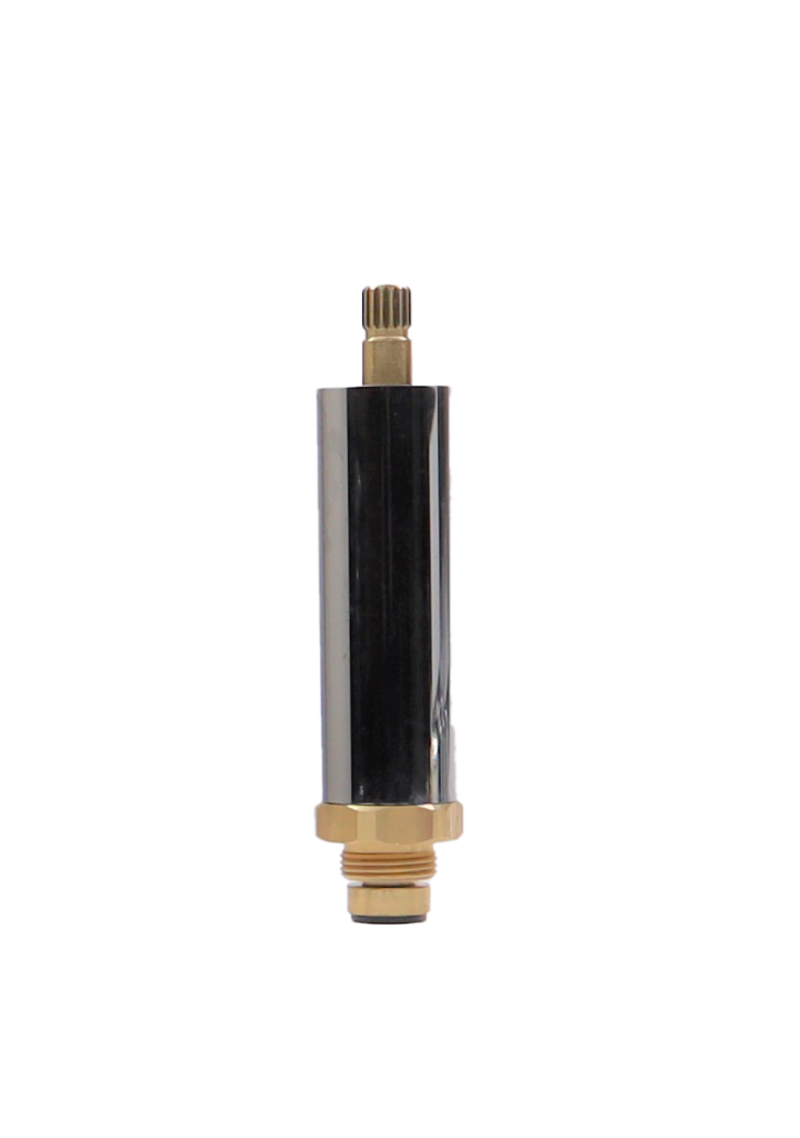 Bright brass stem with polished chrome threaded escutcheon tube with black bottom washer and brass screw.