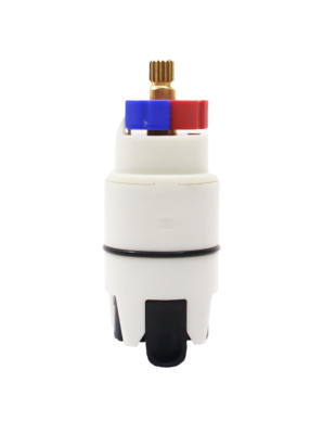 White plastic cartridge with red and blue limit stop brass handle connection black rubber o-rings and bottom seals.
