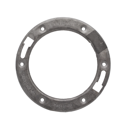 Stainless steel ring with screw holes and toilet bolt slots.