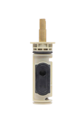 Grey plastic cartridge body with brass stem handle connection. Black o-ring and black rubber seals on the sides.