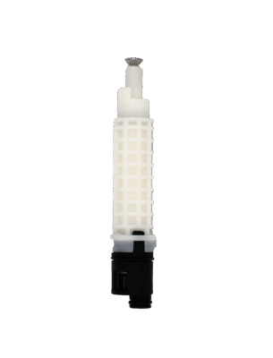 White honeycomb plastic cartridge with stainless screw and black bottom with oring.